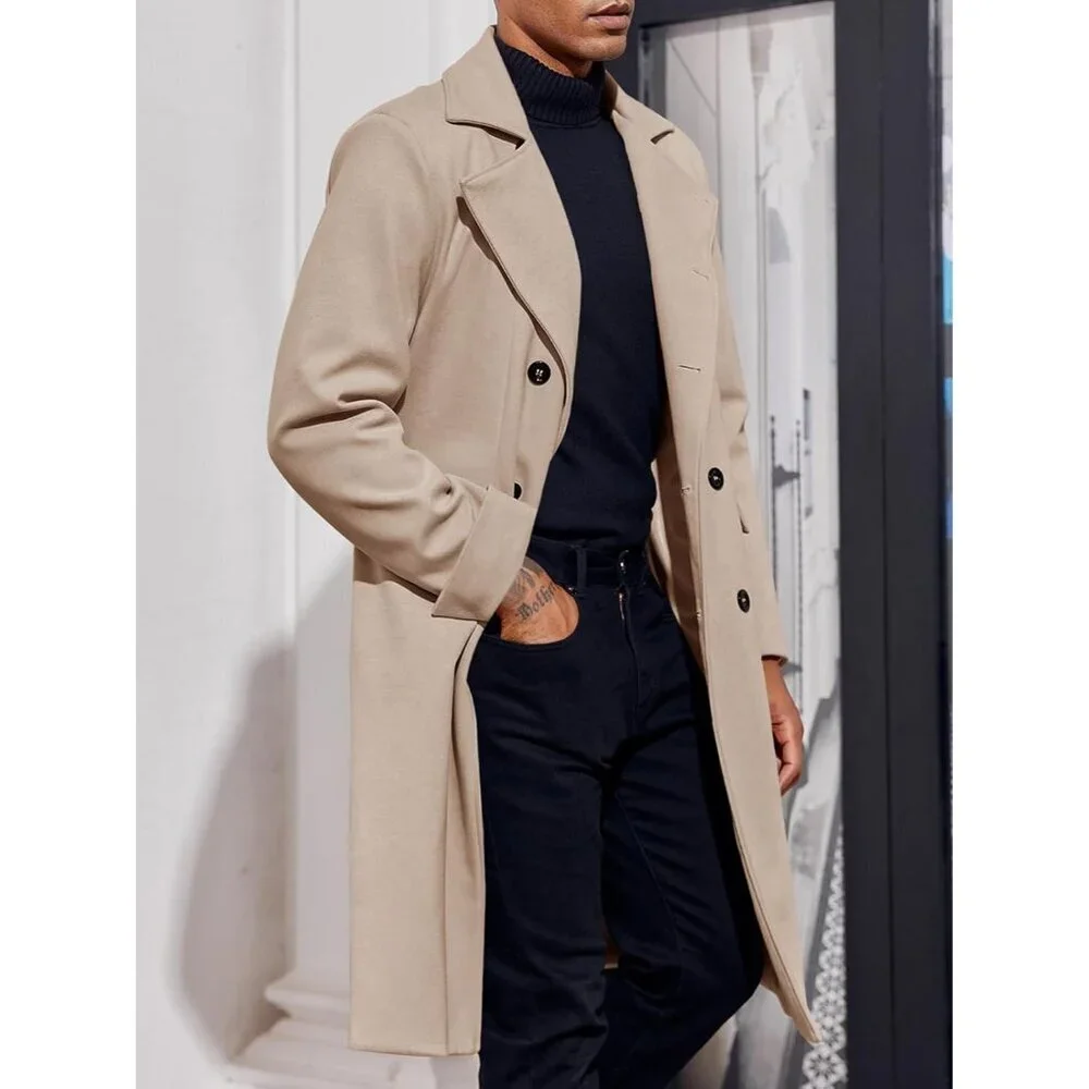 Men's Beige Notch Lapel Double Breasted Long Trench Coat Cotton Blend Pea coat